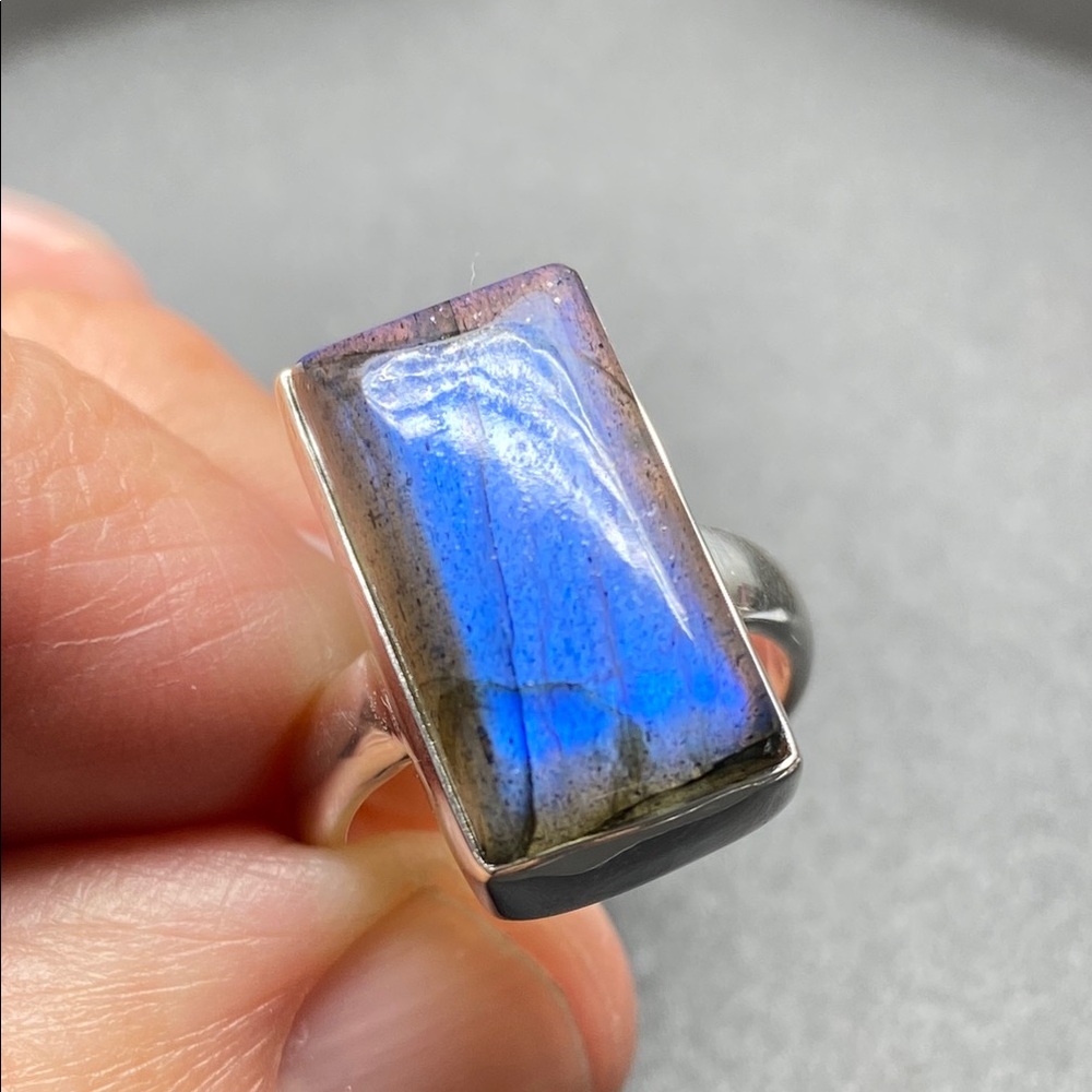 Blue Fire Labradorite Ring Size 6 in Solid Sterling Silver 925